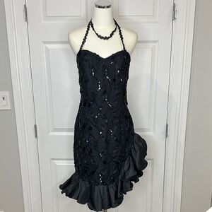 Christian Dior like Vintage Sequin Black Ruffle New Year’s Cocktail Dress Size L